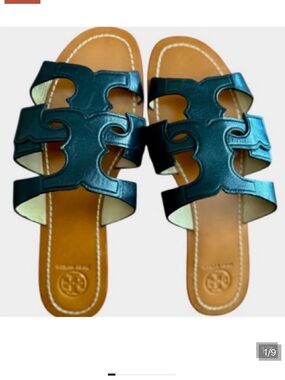 Tory Burch Teal Blue Leather Miller Slide Sandals